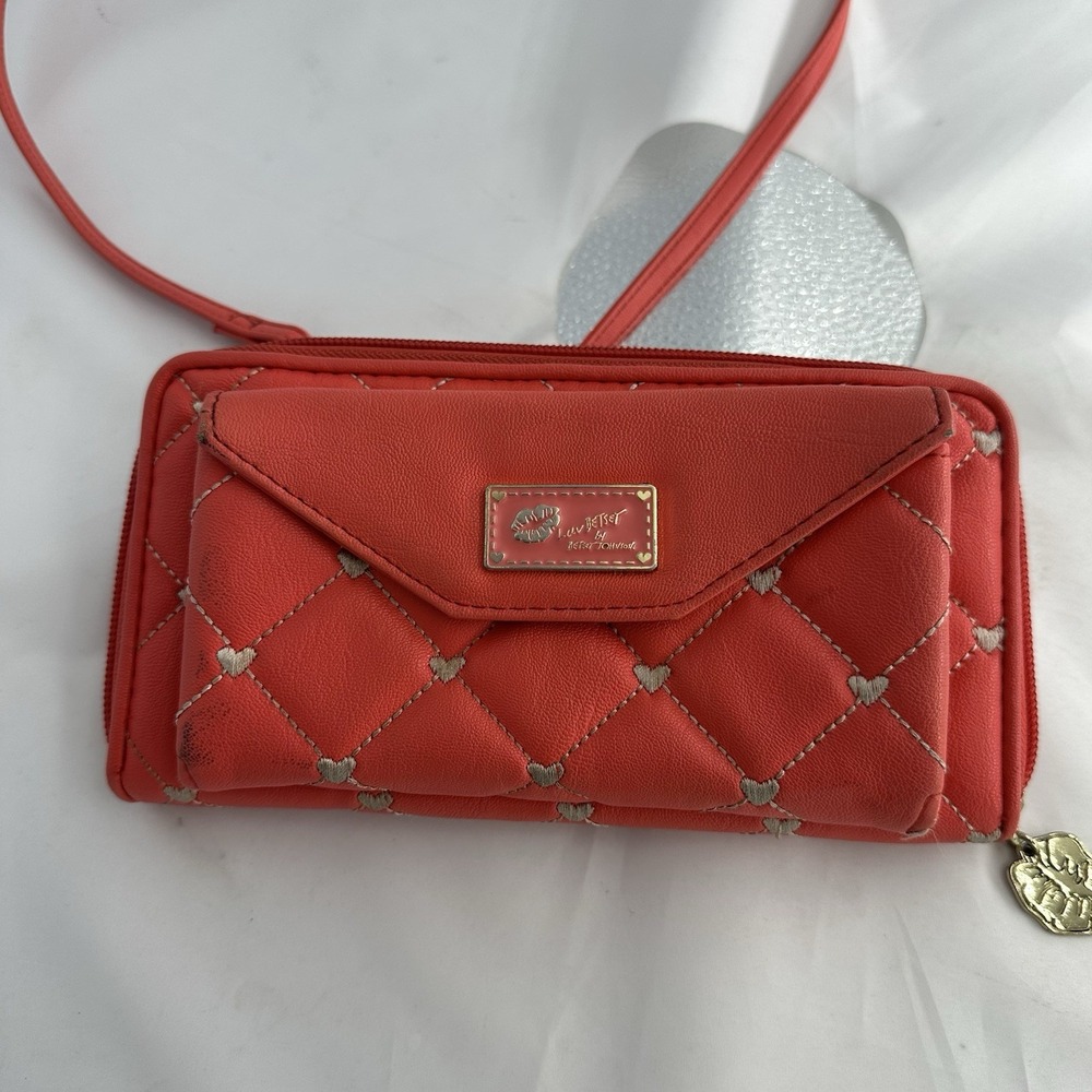 Luv Betsey Salmon Quilted Heart Crossbody Wallet Purse Kiss Charm Bag Organizer